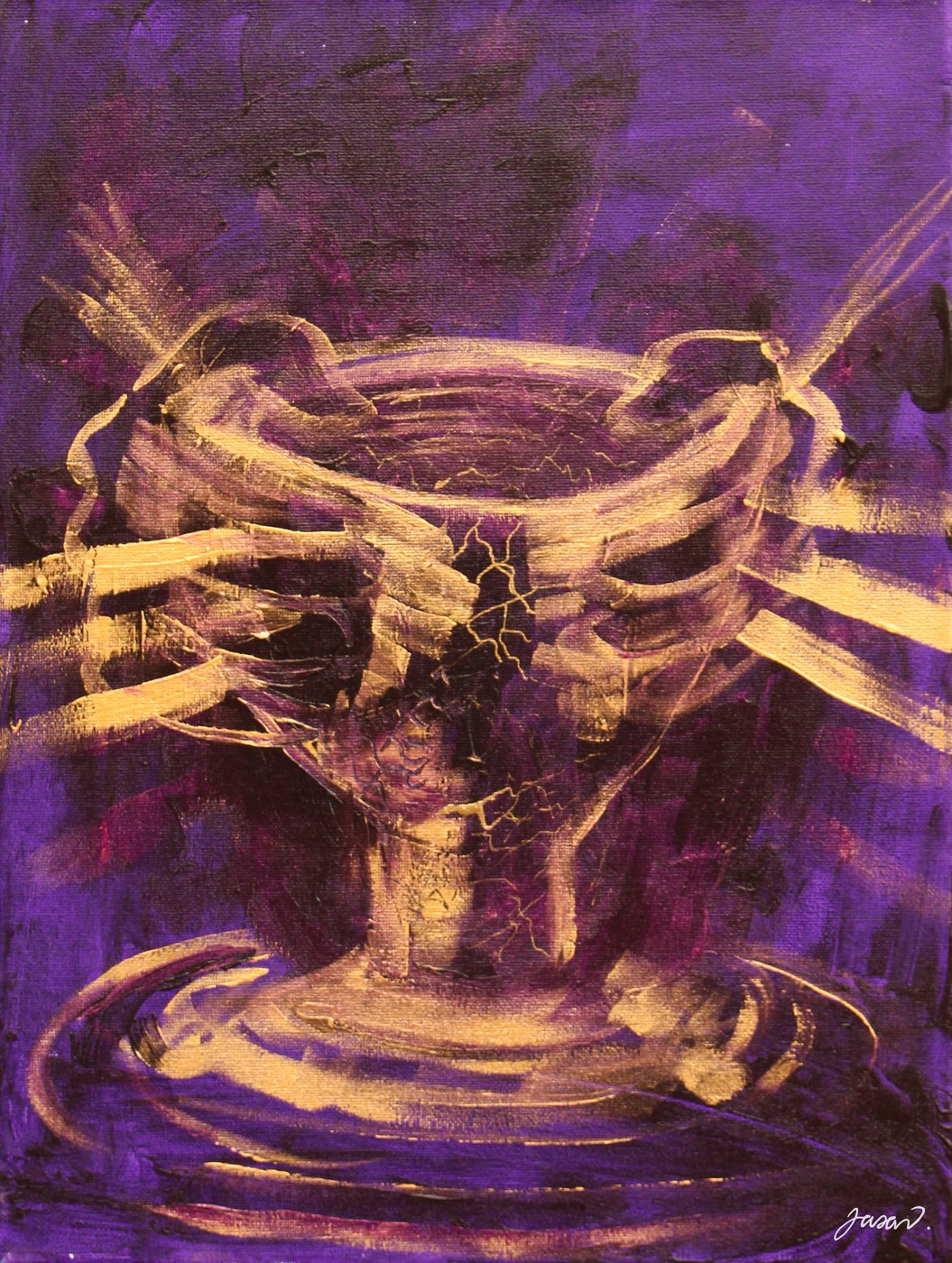 Acrylic painting of a golden crown of thorns rising from rippling water in purple