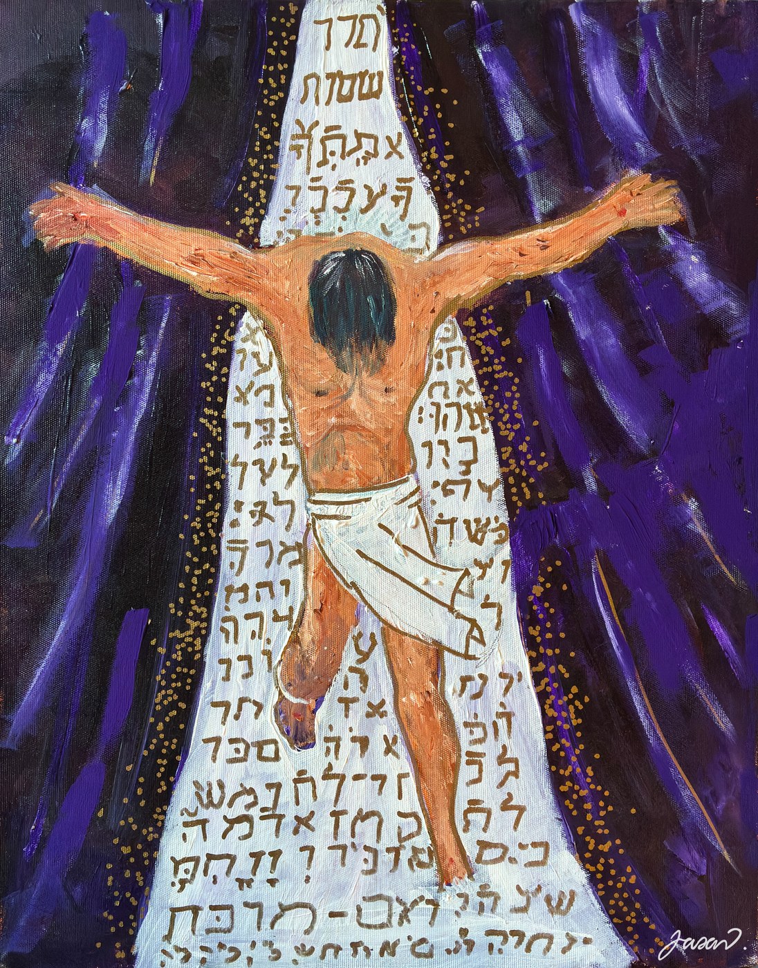 Acrylic painting of Christ on the cross with Hebrew script in white and purple