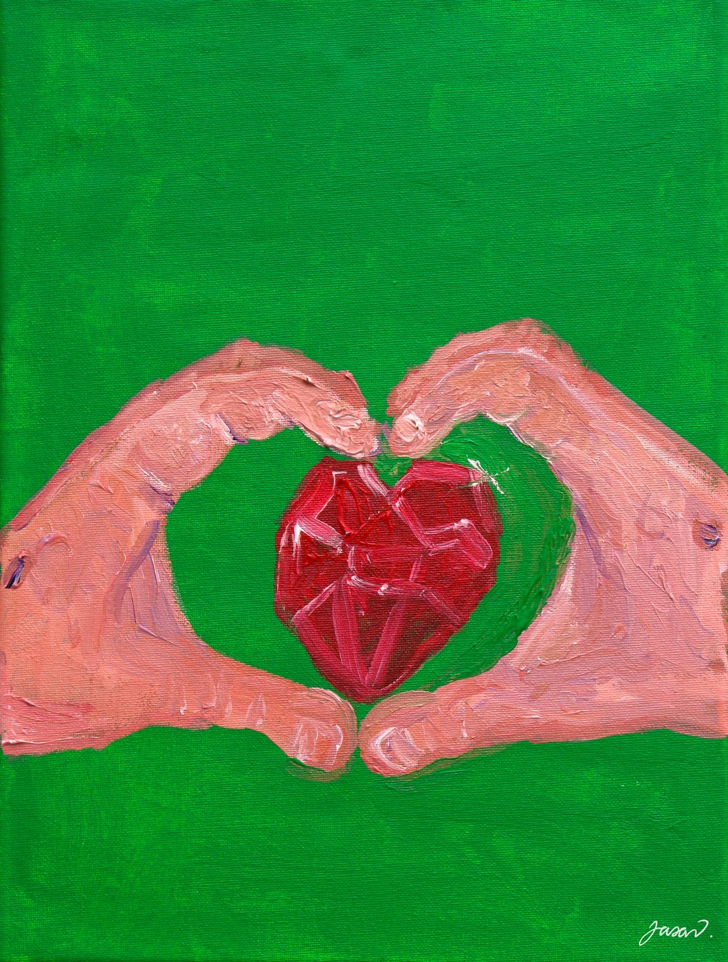 Acrylic painting of two hands forming a heart around a red heart on green