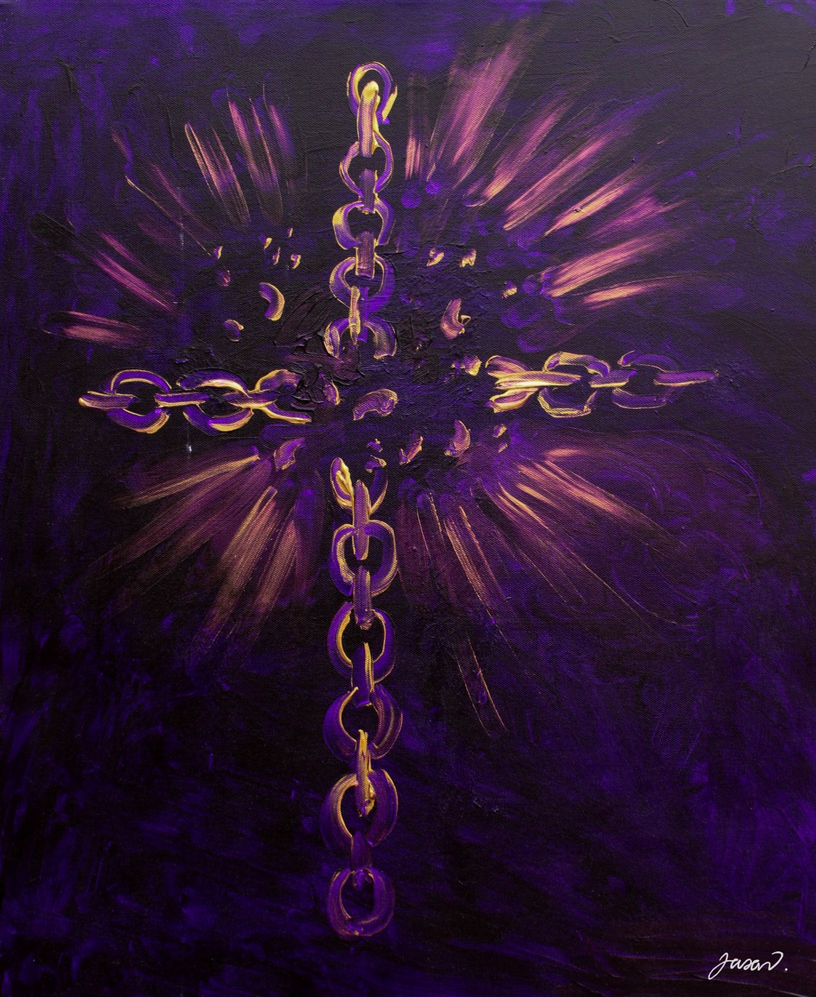 Acrylic painting of a cross formed from chains bursting with purple light