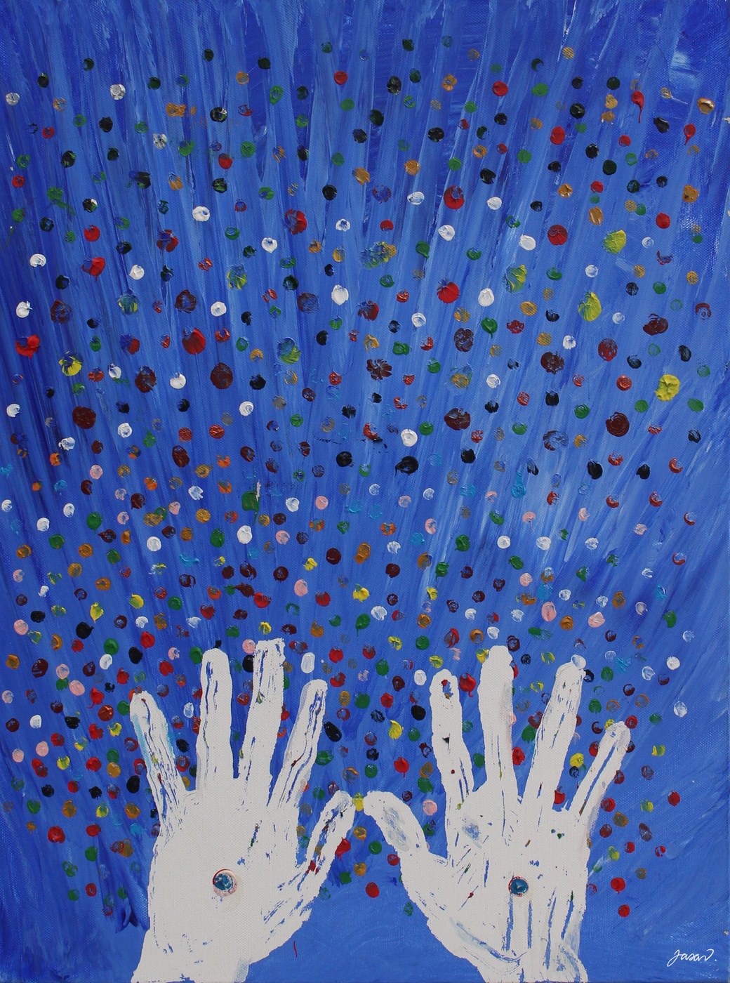 Acrylic painting of raised hands beneath falling coloured lights