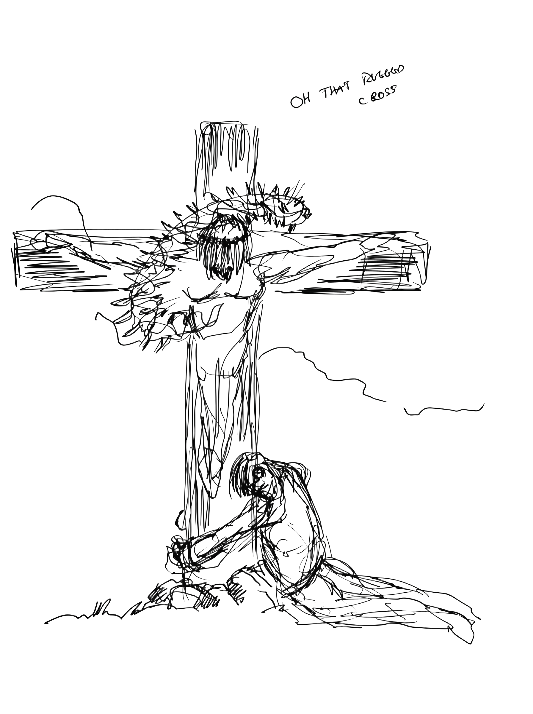 Ink drawing of a figure kneeling at the cross