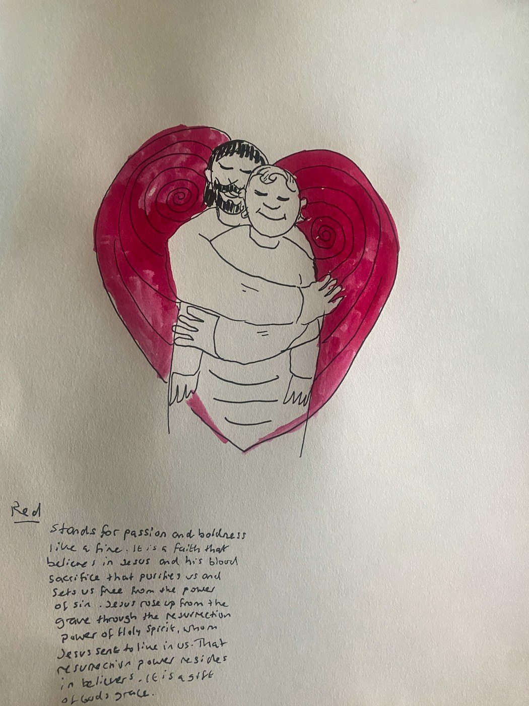 Ink and watercolour drawing of a father holding a child within a red heart