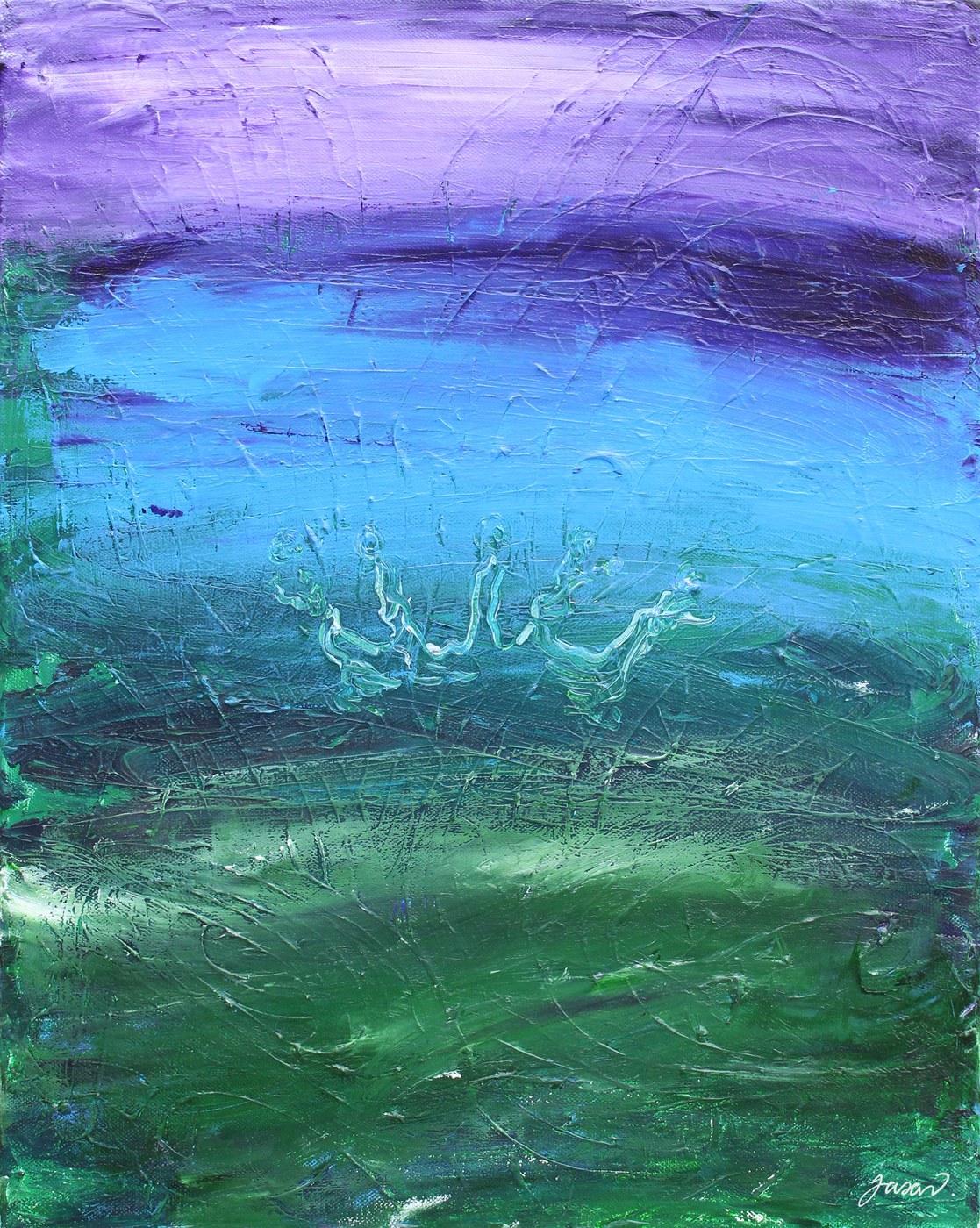 Acrylic painting of a splash of water rising from a green and blue horizon under a purple sky