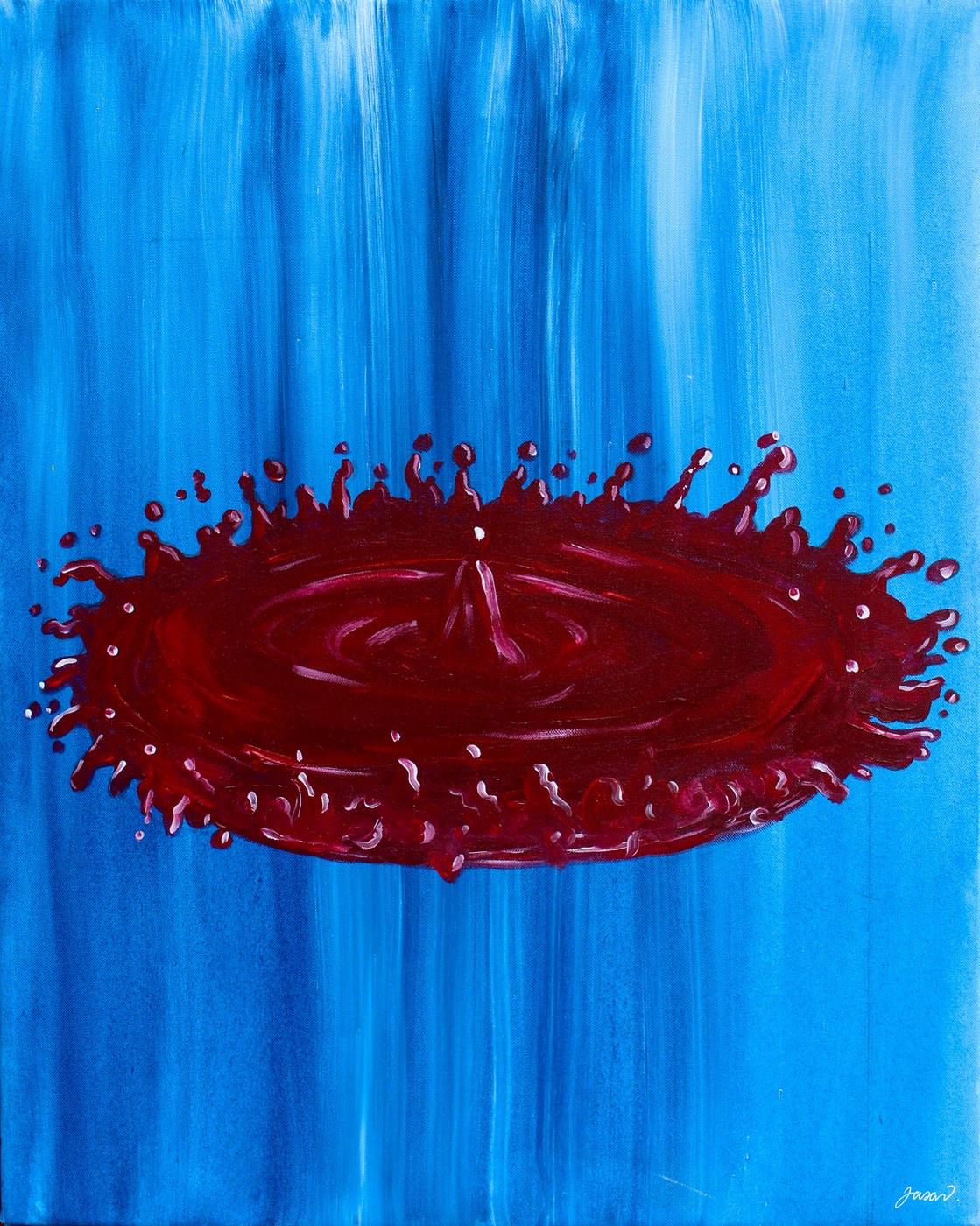 Acrylic painting of a deep red splash rippling across a field of blue