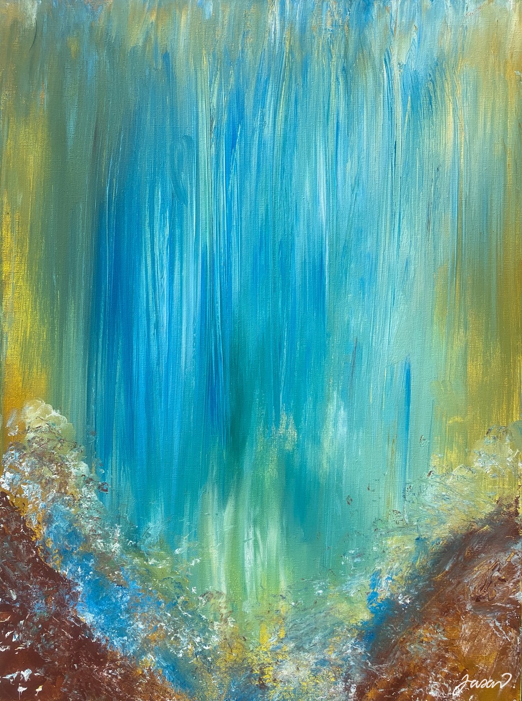 Acrylic painting of a turquoise waterfall of light falling into gold