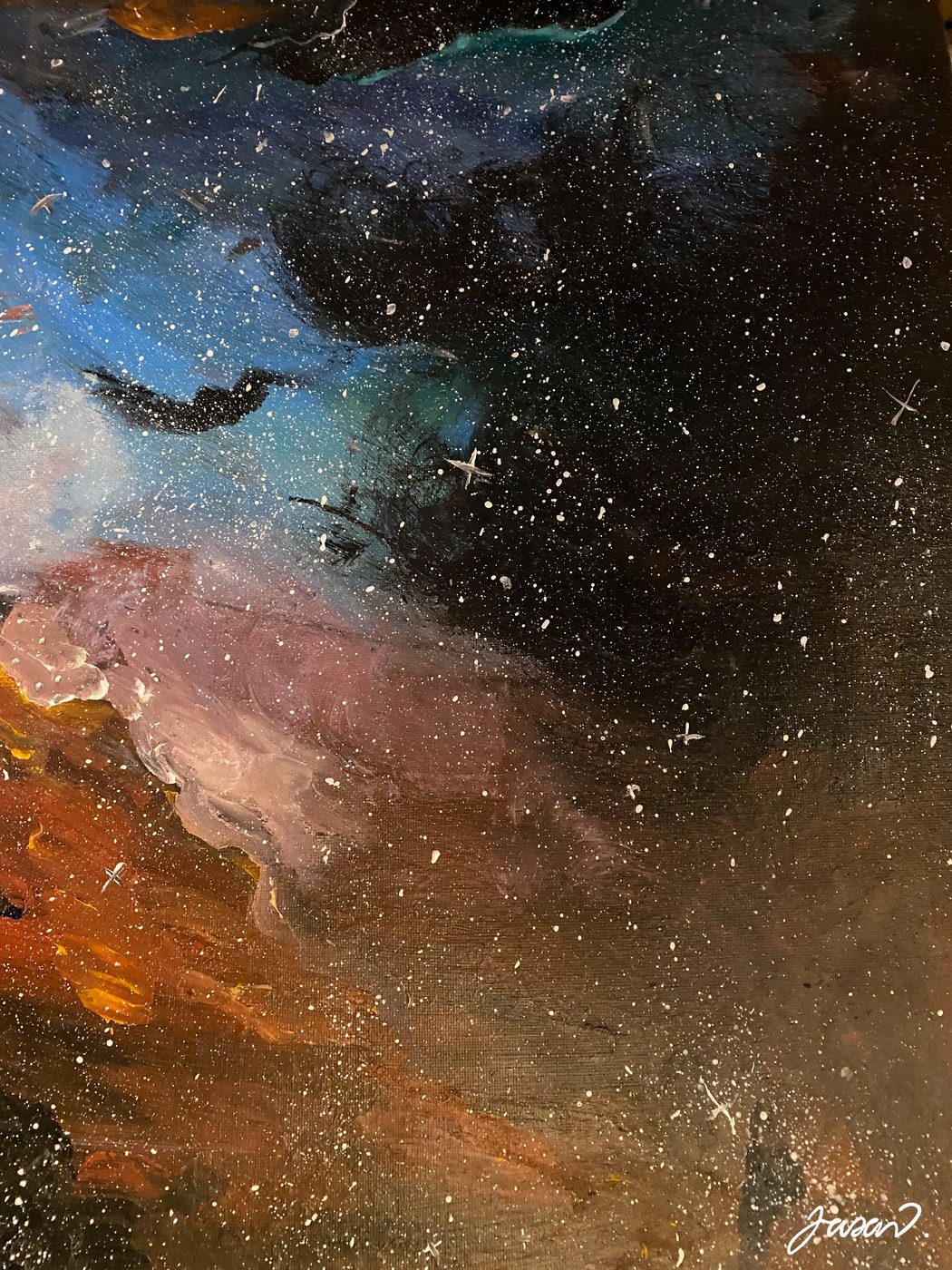 Acrylic painting of a starlit nebula in blue, black and ember orange