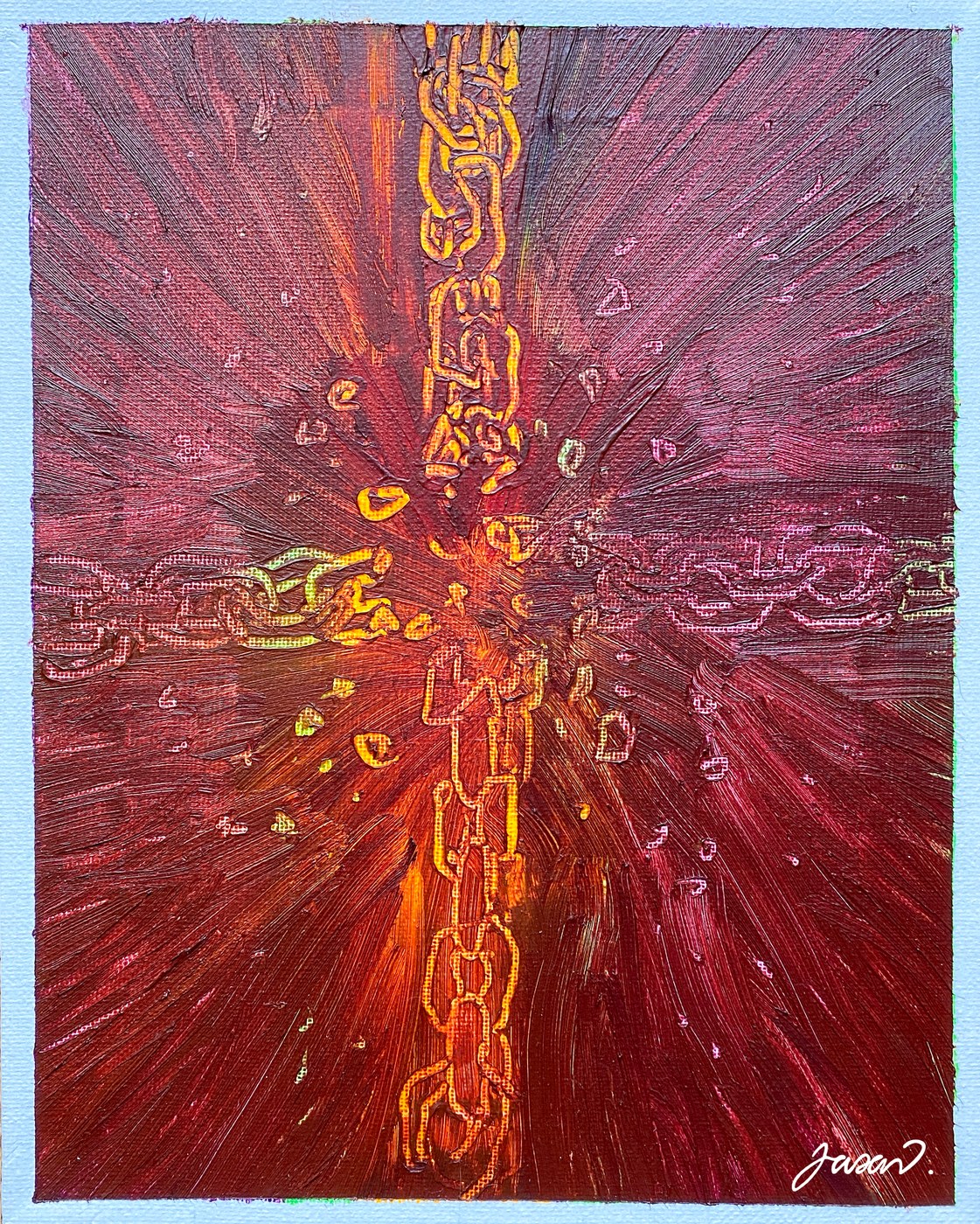 Acrylic painting of a glowing cross of golden chains on deep red