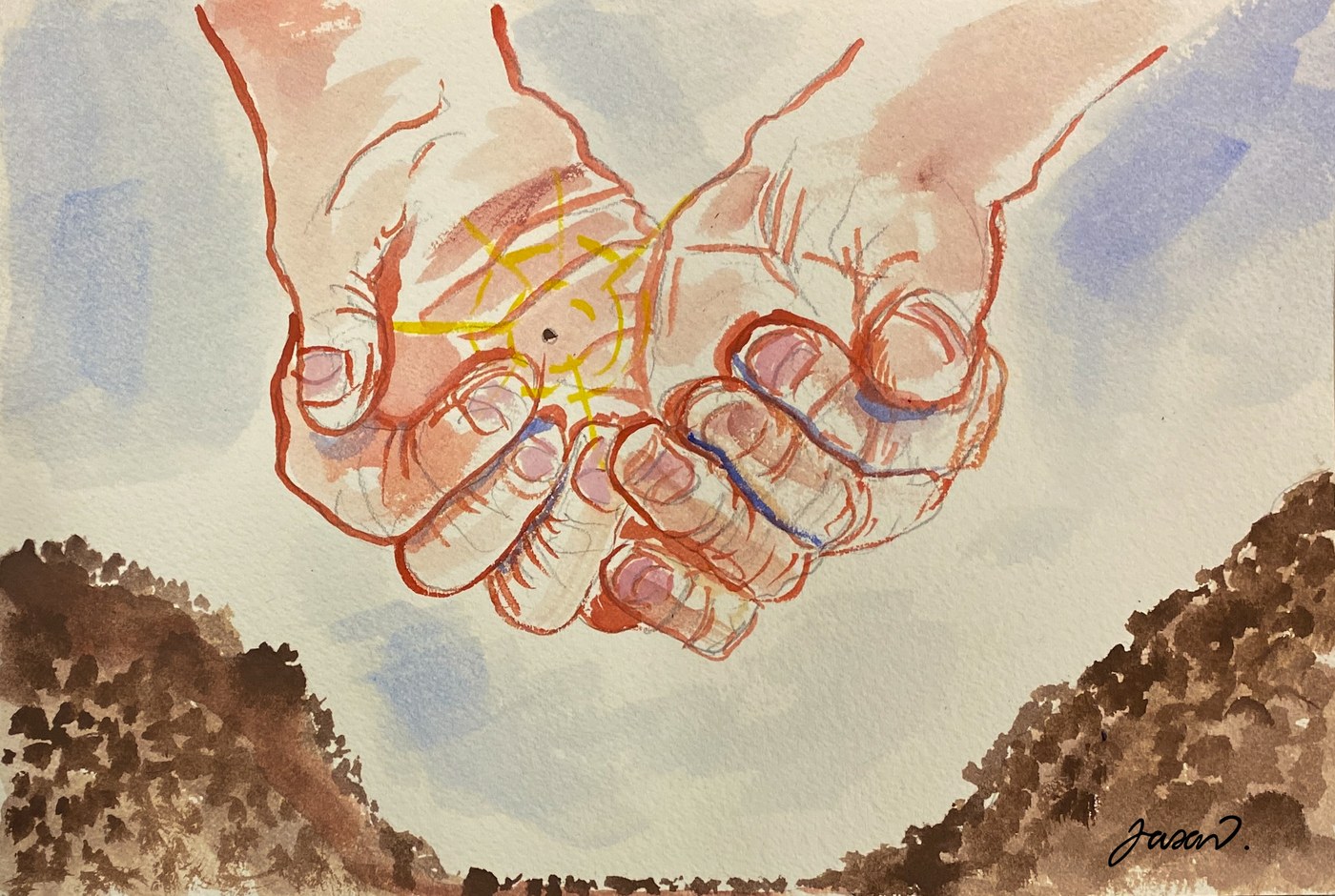 Watercolour of cupped hands holding a mustard seed above the earth