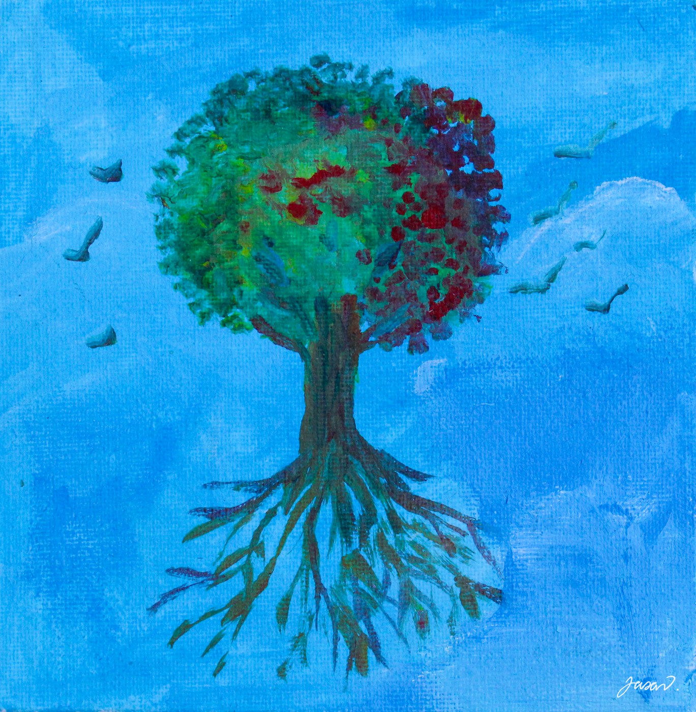 Acrylic painting of a tree with deep roots and birds against a bright blue sky