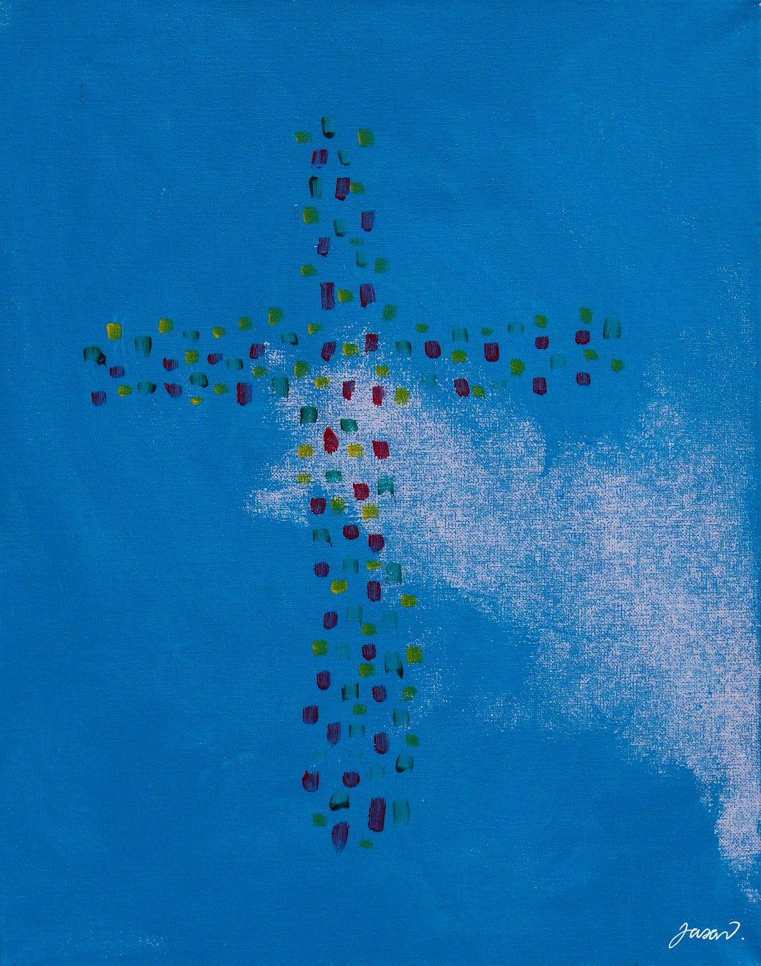 Acrylic painting of a cross made of scattered coloured dots on blue