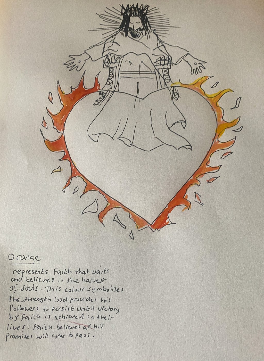 Ink and watercolour drawing of Christ behind a flaming orange heart
