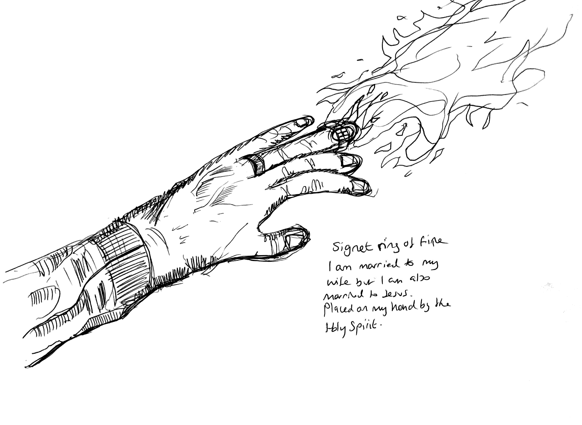 Ink drawing of a hand receiving a signet ring of fire