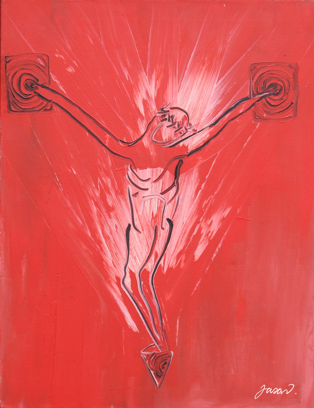 Acrylic painting of Christ crucified in radiant white light on red