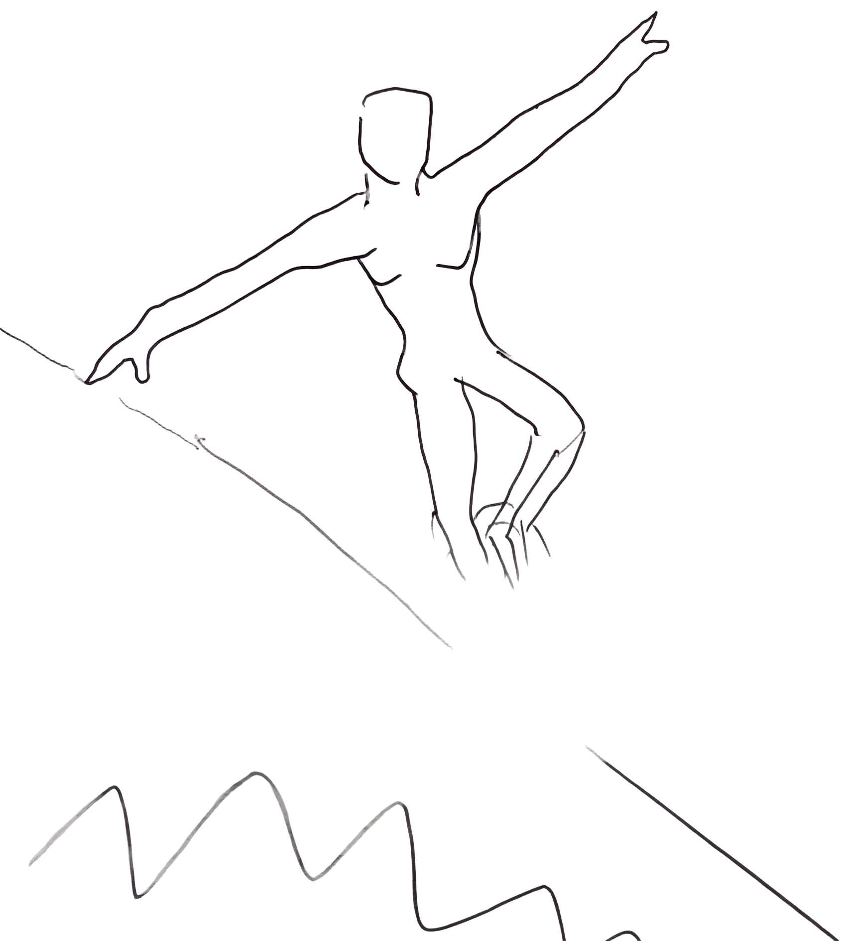 Line drawing of a figure surfing a wave