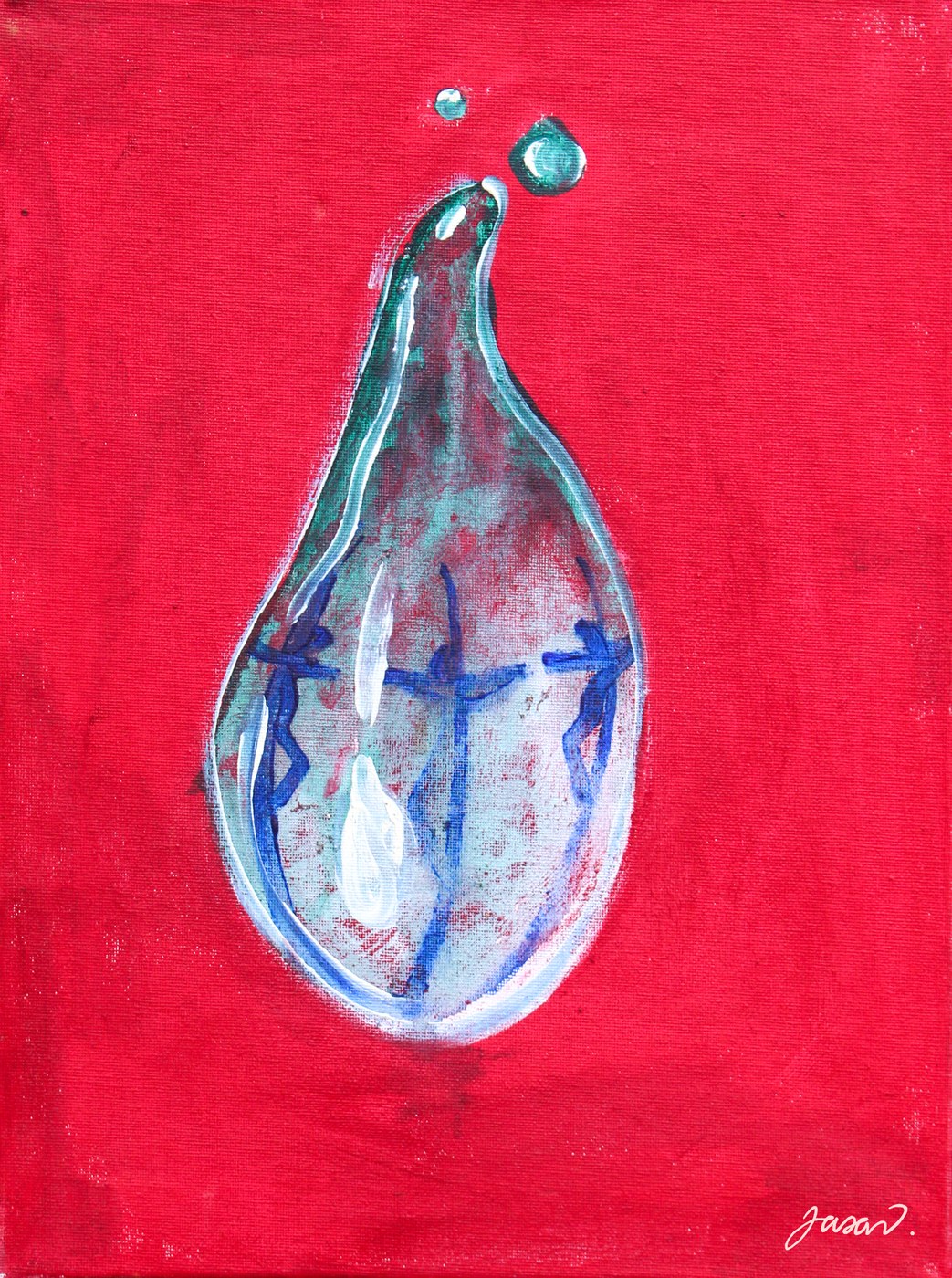 Acrylic painting of a glass teardrop holding a cross on a crimson background