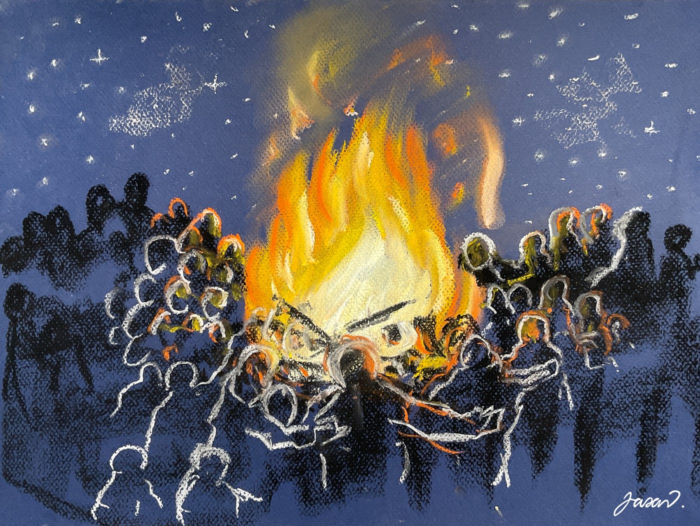 Pastel drawing of people gathered around a fire beneath the stars
