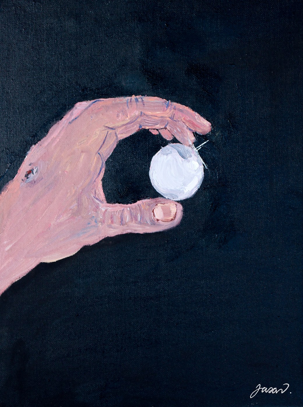 Acrylic painting of a hand holding a single white pearl against darkness
