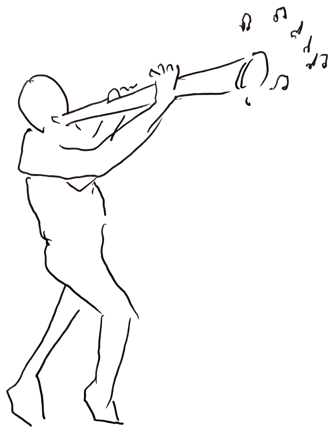Line drawing of a figure playing a trumpet