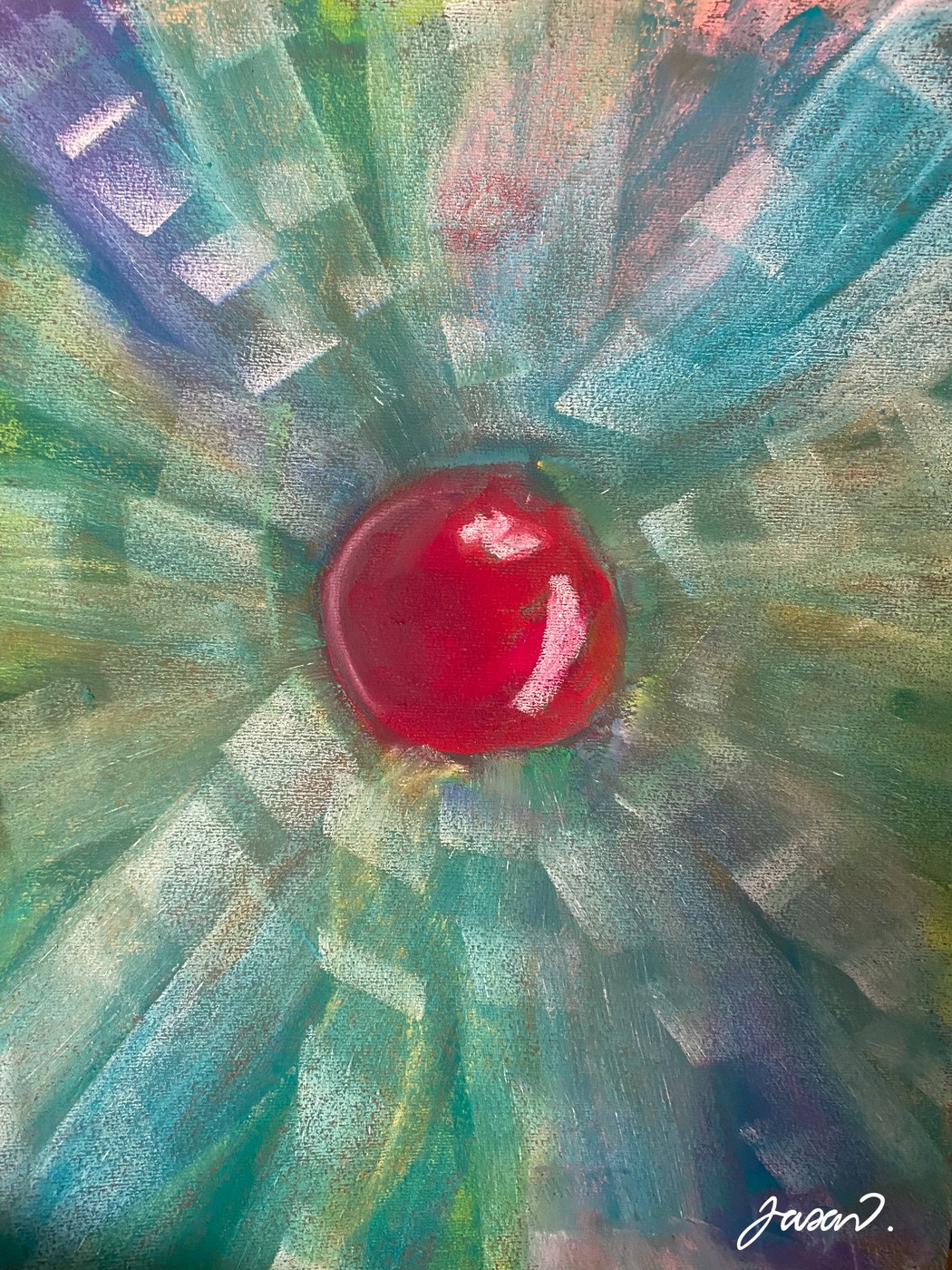 Pastel painting of a red centre bursting with light