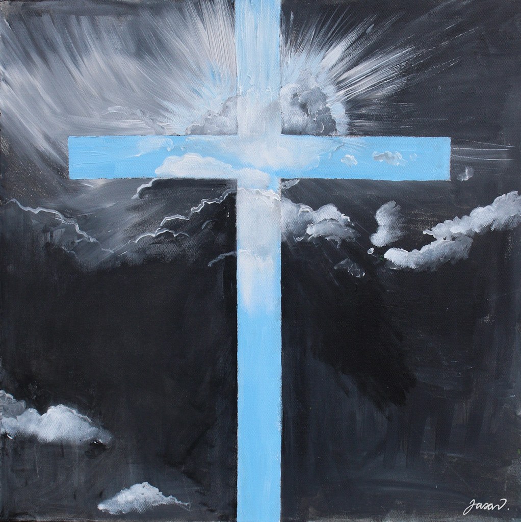 Acrylic painting of a pale cross breaking through storm clouds