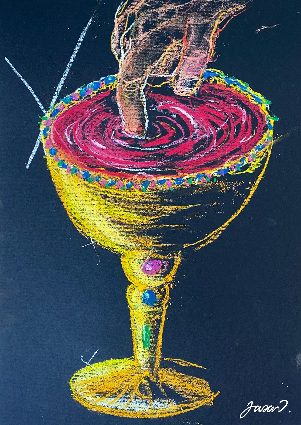 Pastel drawing of a hand dipping into a golden cup