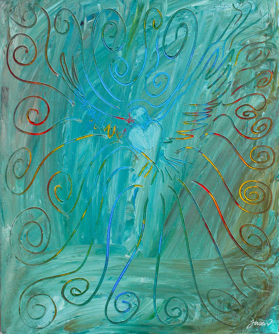 Acrylic painting of a small heart amid flowing teal swirls