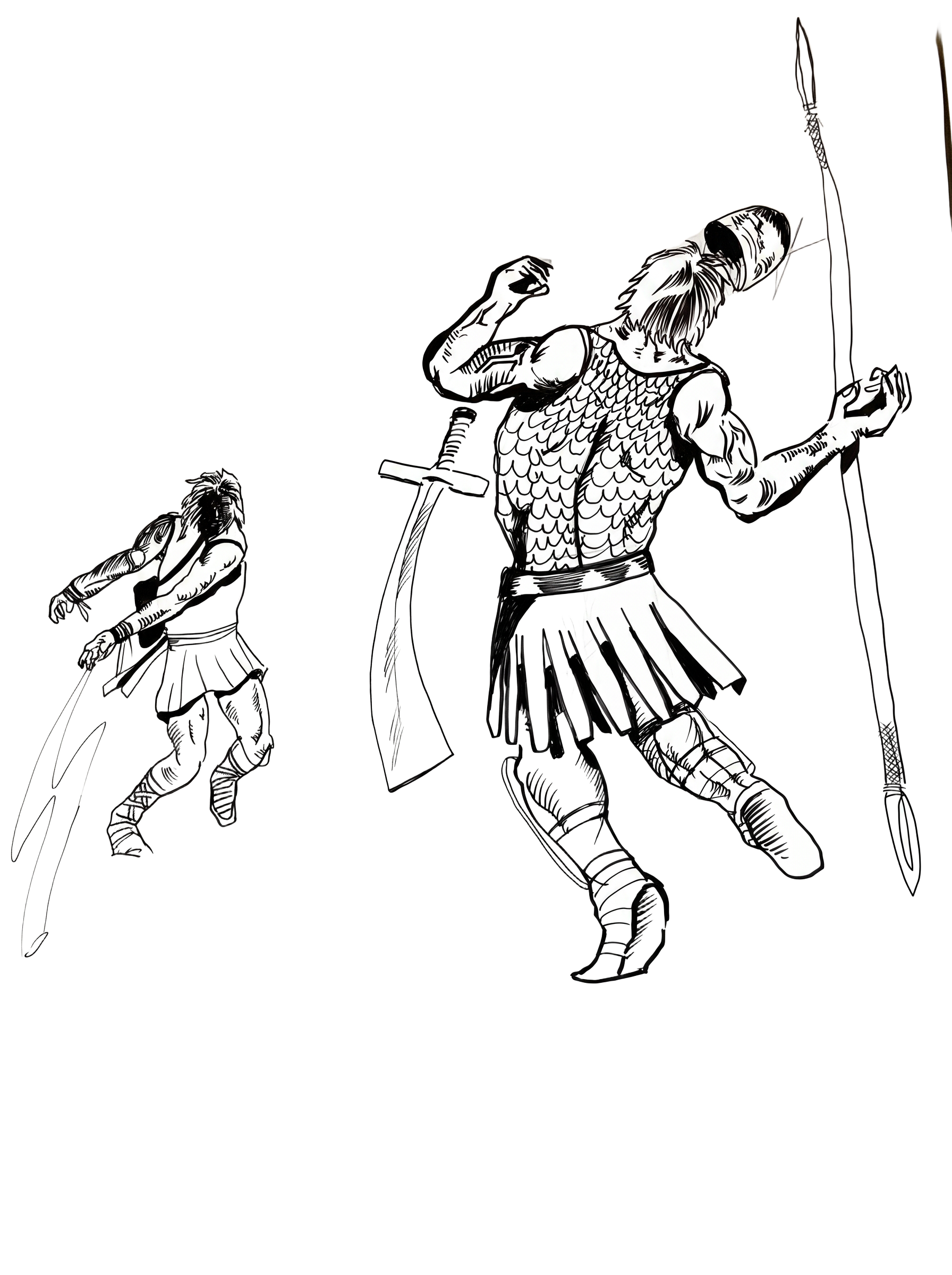 Ink drawing of warriors with sword and spear