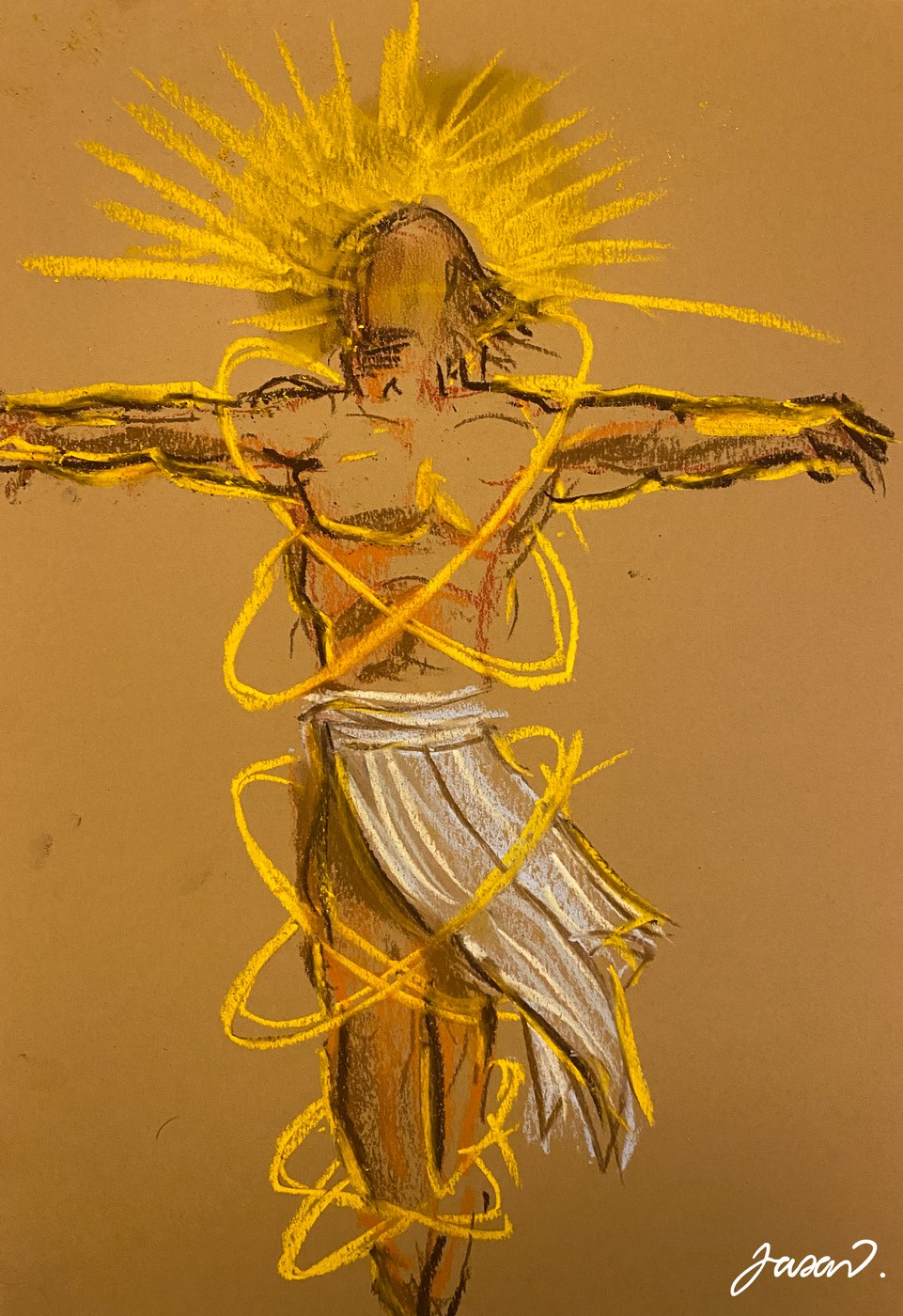 Pastel drawing of Christ on the cross ringed with golden light