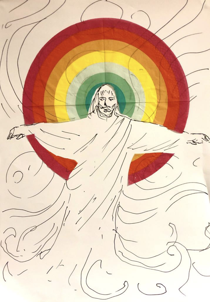 Ink drawing of Christ with arms outstretched before a rainbow arc
