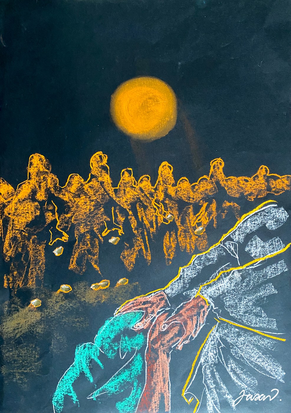 Pastel drawing of a robed figure before a crowd under a golden moon