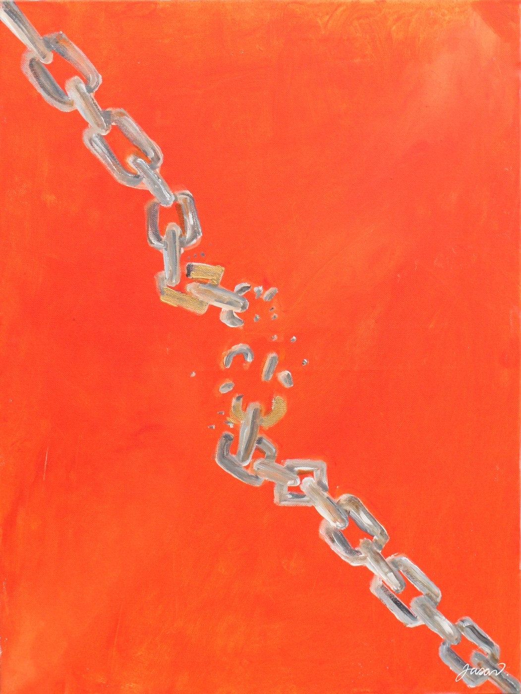Acrylic painting of a broken silver chain on a vivid orange background