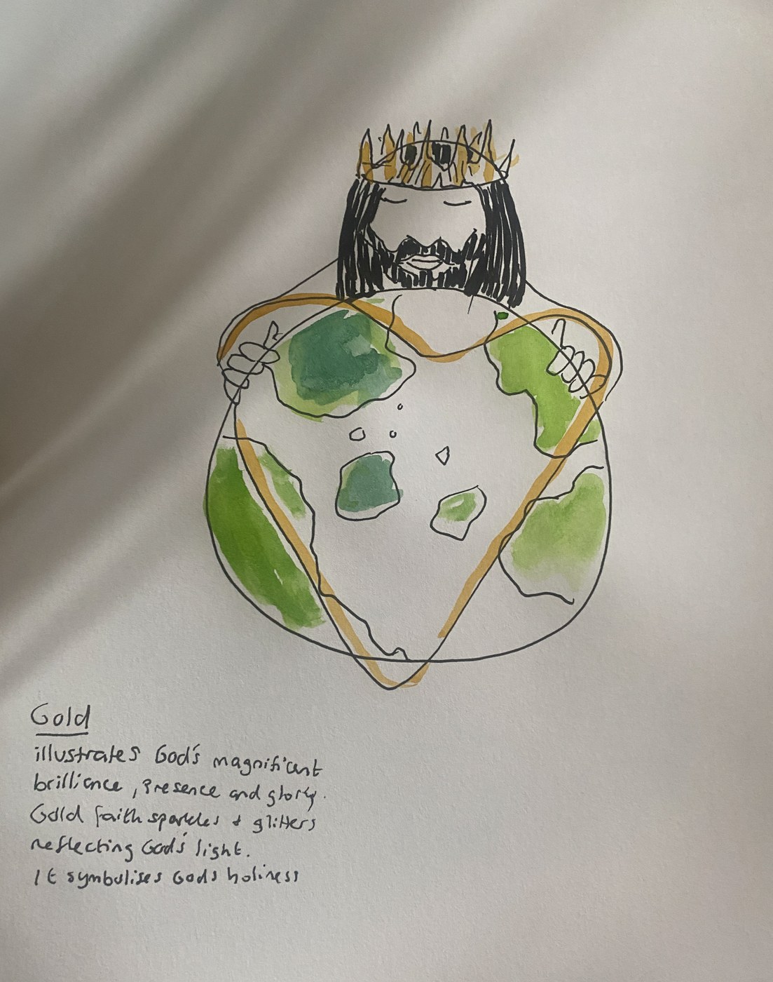 Ink and watercolour drawing of the crowned King holding the world in gold